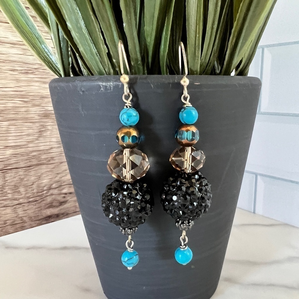 Southwest Beaded Dangle Earrings 3” Black Turquoise Amber